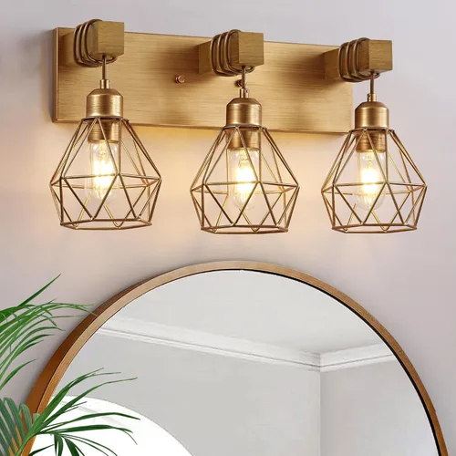 Vista 21 de Juego de 2 luces de tocador estilo granja para baño, accesorios de iluminación de madera blanca sobre espejo, apliques rústicos de pared