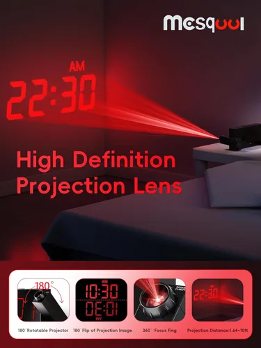 Vista 3 de Mesqool Reloj despertador de proyección, reloj digital con proyector giratorio de 180°, atenuador de brillo de 5 niveles, pantalla LED transparente
