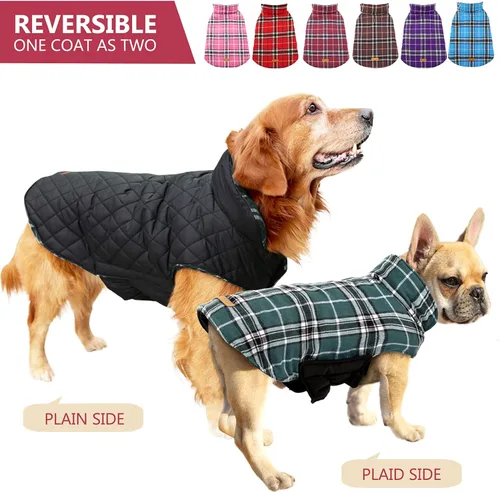 Vista 4 de Kuoser - Acogedor chaleco de invierno para perro, impermeable, resistente al viento, reversible, estilo británico, abrigo cálido para perros