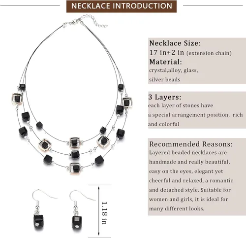 Vista 5 de Collar de cuentas de plata en capas para mujer, cuentas de cristal cuadradas, collar y aretes, disfraces de moda, conjuntos de joyas para mujer