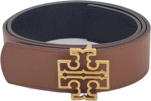 Vista 3 de Tory Burch 141742 Britten Logo Negro/Bronceado clásico con herrajes dorados Cinturón reversible de 1.5 pulgadas de ancho para mujer