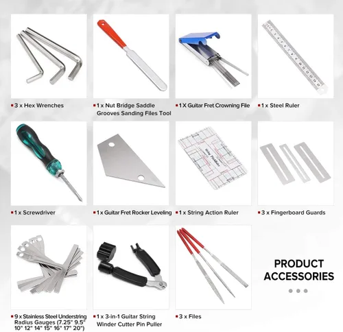 Vista 2 de Kit de herramientas de reparación de guitarra de 25 piezas con bolsa de transporte para guitarra eléctrica acústica, ukelele, bajo, herramienta