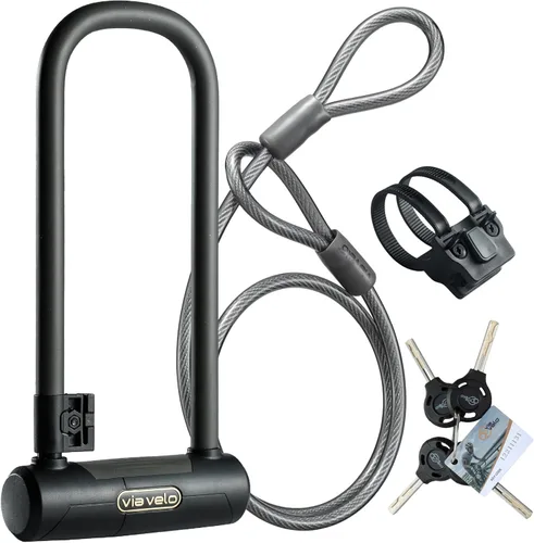 Via Velo Candado en U para bicicleta con cable | Pro U Lock 20 CrMnTi Steel 0.591 in Grillete con soporte Tamaño interior: 9.6 x 3.5 pulgadas,