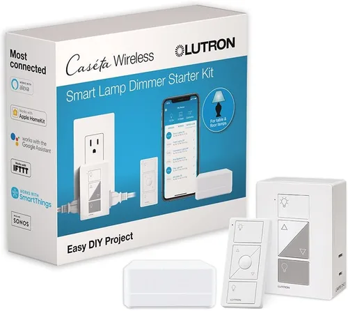 Vista 14 de Lutron Caseta - Kit de arranque inteligente para lámparas, 2 interruptores reguladores de luz enchufables con puente inteligente y 2 controles