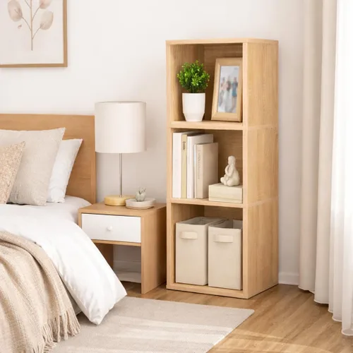 Vista 12 de Estantería de madera natural, estantería de 3 niveles, estantes de almacenamiento independientes, estantería abierta para dormitorio, sala de estar