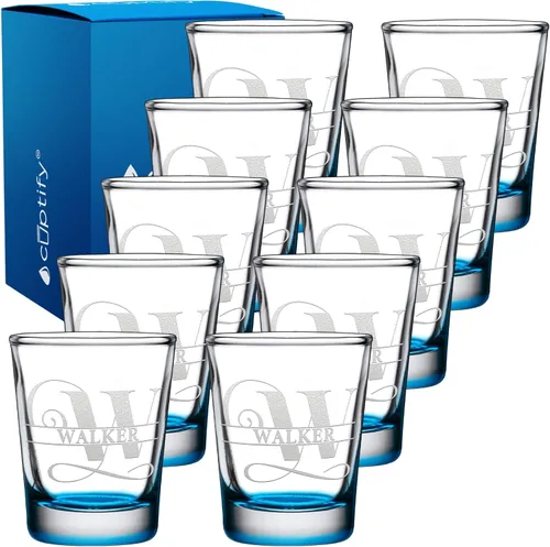 Vista 27 de Inicial y nombre de cristal de chupito personalizado, 2 onzas, parte inferior negra grabada con texto personalizado para regalos, bodas, cumpleaños