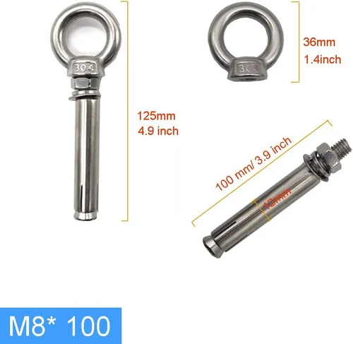 Vista 2 de Tornillo de expansión M8* 3.937 in con anillo de ojo de anclaje de perno de ojo interno 304 acero inoxidable paquete de 5