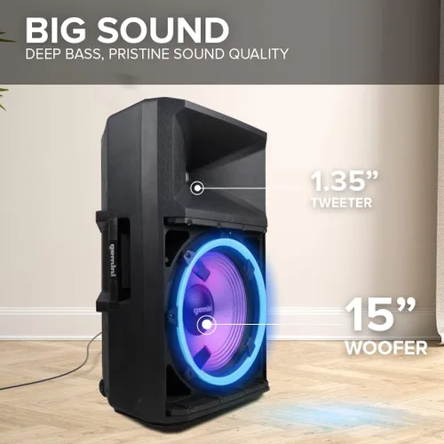 Vista 4 de Gemini Sistema de altavoces PA Bluetooth de 15 pulgadas y 2200 W - Altavoz DJ con soporte, micrófono con cable, luces LED, emparejamiento estéreo