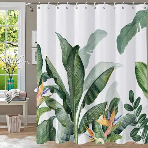 Vista 17 de Cortina de ducha de eucalipto azul para baño, juego de cortinas de ducha de hojas de acuarela, cortina de ducha impermeable para plantas, tela