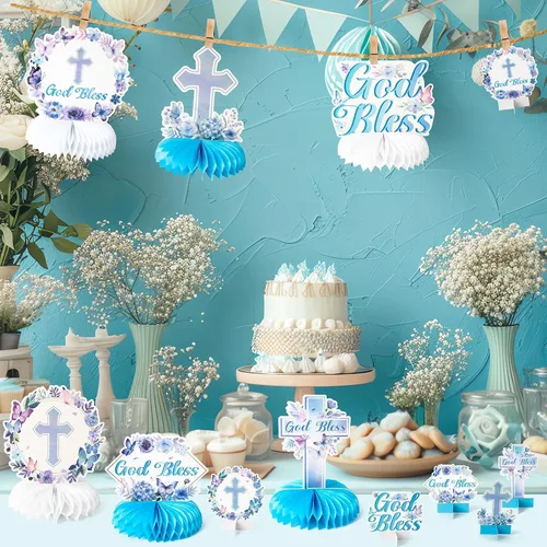 Vista 7 de ANGOLIO 12 centros de mesa de bautismo en forma de panal de abeja, decoración de fiesta de cumpleaños, decoración de verano azul morado con Dios