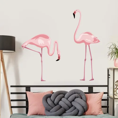 Vista 4 de decalmile Calcomanías de pared de flamenco rosa, calcomanías de pared para dormitorio, sala de estar, habitación de los niños, decoración de pared