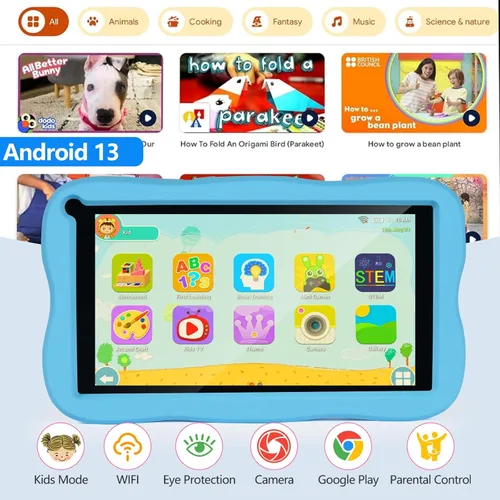 Vista 7 de Tableta Android para niños de 7 pulgadas para niños, 8 GB de RAM 64 GB ROM 128 GB expandir, Bluetooth, WiFi, con funda a prueba de golpes, color azul