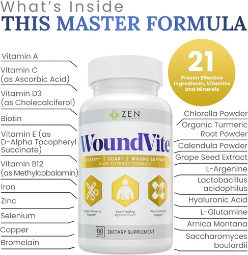 Vista 5 de Zen Nutrients WoundVite - Soporte para antes y poscirugía, cuidado de cicatrices y heridas, tratamiento de cicatrices, cirugía plástica y general