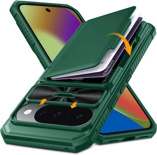 Vista 17 de CENMASO - Funda para Google Pixel 9 Pro XL con tarjetero (4 tarjetas), funda deslizante para cámara y función atril, bloqueo RFID, protección