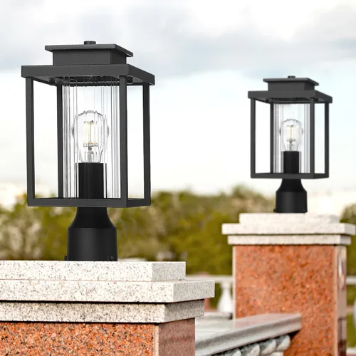 Vista 5 de Osimir Paquete de 2 luces de poste para exteriores, 1 farol exterior con base de montaje en muelle, lámpara de poste en acabado negro con vidrio