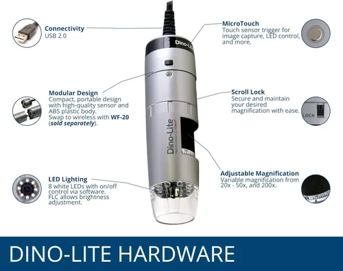 Vista 3 de Dino-Lite Microscopio digital USB AF3113T - 0.3MP, 20x -50x, ampliación óptica 200x, medición, compatible con WF-20, software WindowsMac incluido