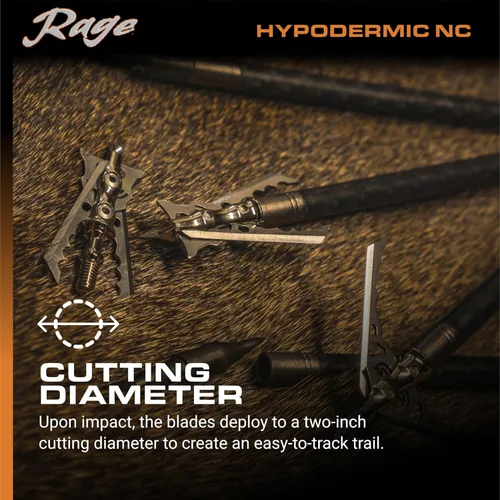 Vista 3 de Rage Hypodermic NC 2-cuchillas de 100gr para caza de punta ancha (R38100), punta híbrida, sin collar de bloqueo de cuchillas de 0,035” de grosor