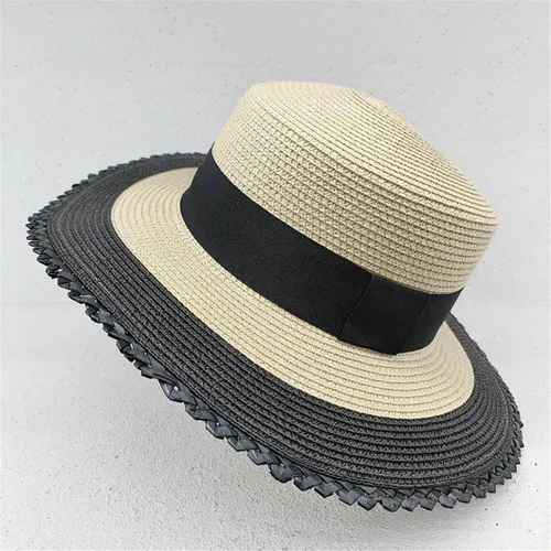 Vista 3 de Sombreros de barco de patchwork para mujer, sombreros de paja tejidos a mano, banda ancha, sombrero de playa, sombrero de Panamá