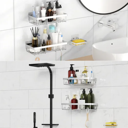 Vista 5 de Moforoco Juego de 3 cestas de ducha con estante y soporte para jabón, sin perforación, adhesivo sin rastro, estantes de pared para ducha