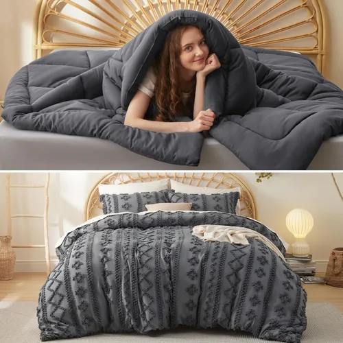 Bedsure Juego de edredón gris tamaño Queen y funda de edredón bohemia con fundas de almohada, ropa de cama para todas las estaciones