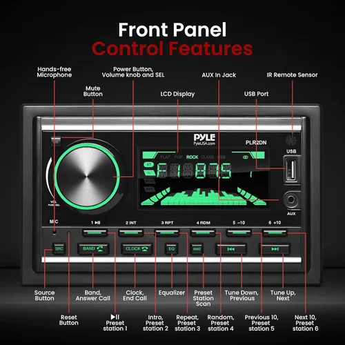Vista 2 de Pyle Receptor estéreo marino Bluetooth para barco, unidad principal marina, receptor estéreo doble DIN, amplificador de potencia - Llamadas manos