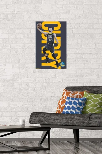 Vista 3 de Trends International NBA Golden State Warriors - Póster de pared de Stephen Curry 18, 14.725 x 22.375 pulgadas, versión enmarcada de madera