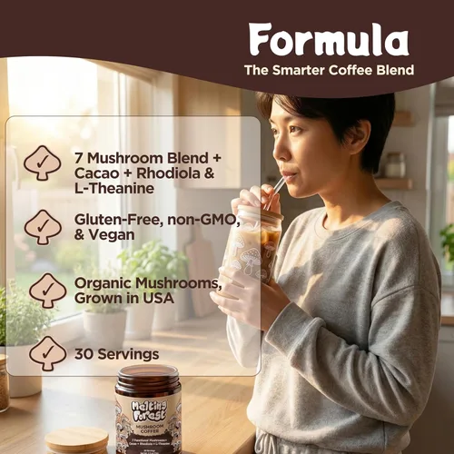 Vista 4 de Melting Forest Mushroom Coffee, with 7 Functional Mushrooms, Cacao, Rhodiola, L-Theanine, Reishi & Lion's Mane, Stress Relieving, Focus, Cognitive