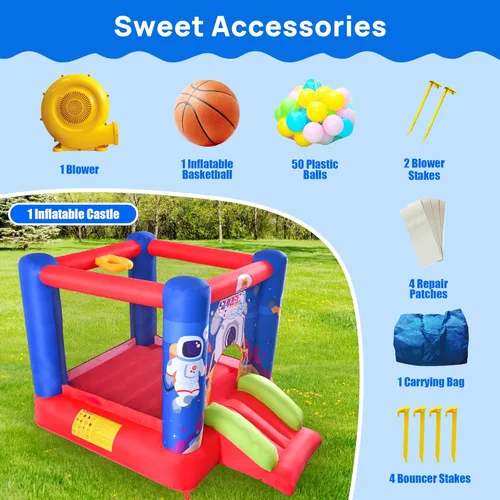 Vista 6 de WELLFUNTIME Casa de Rebote Inflable, Castillo Hinchable con Tobogán y Soplador, Casa de Salto para Niños con Aro de Baloncesto, Castillo Hinchable