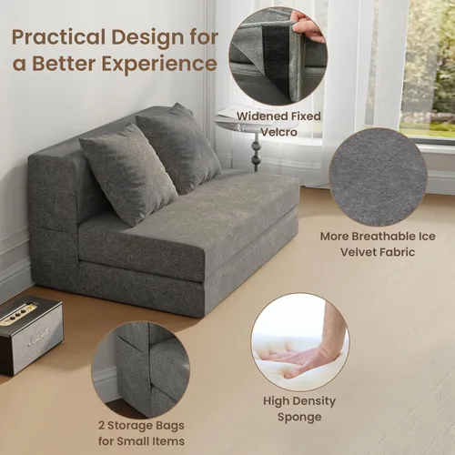 Vista 6 de Sofá Cama Plegable 5 en 1 con Almohadas, Silla Convertible Twin Sleeper Chair Futón Cama con Bolsillos Laterales, Sofá de Espuma Plegable Fold Out