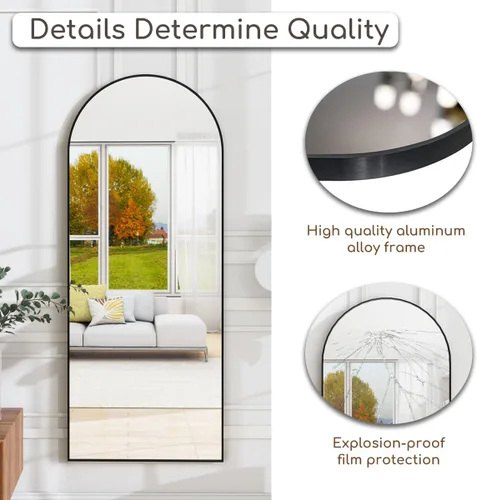 Vista 5 de Espejo arqueado de longitud completa, espejo de pie independiente de 64 x 21 pulgadas, moderno espejo de cuerpo completo con soporte, espejo de Negro