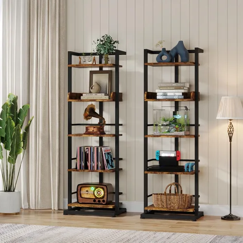 Vista 2 de Hosfais Estantería estrecha para libros: estantería de madera de 5 niveles con protección de borde de metal, estantería moderna industrial Marrón