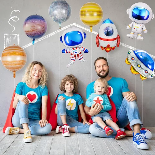 Vista 4 de 16 Piezas Globos Espaciales de Galaxia - Decoraciones Temáticas del Espacio Exterior Grandes Cohete Nave Espacial Astronauta Planeta Globos de Papel