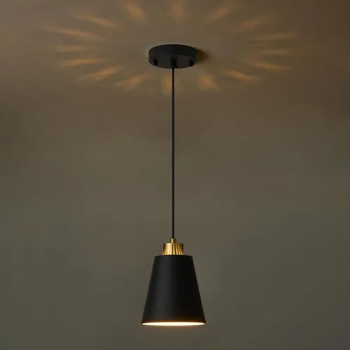 Vista 2 de Matte Black Mini Pendant Light 7.87in Cone Kitchen Island Pendant Lighting with Gold Modern Hollow Shade Hanging Light Fixture for Kitchen Dining