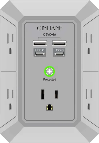 Vista 9 de QINLIANF cargador USB de pared, protector contra sobrecargas, extensor de 5 tomas con 4 puertos de carga USB (4.8 A en total), 3 lados, 1,680 J