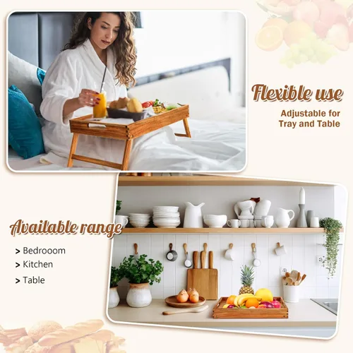 Vista 4 de Tatuo Bandeja de mesa de acacia de 3 piezas de 11.5 pulgadas de altura para computadora portátil, bandeja de desayuno de madera para servir