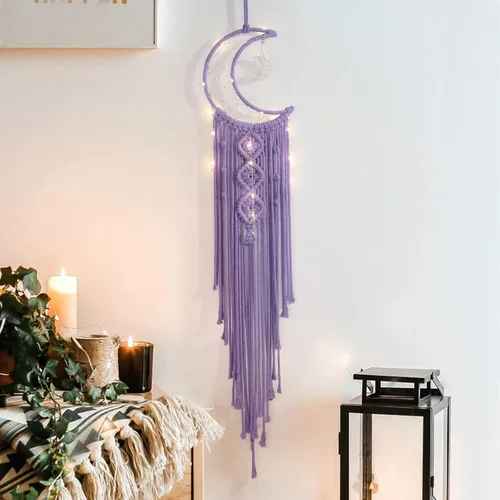 Vista 14 de Colgante de pared de macramé bohemio para niños, atrapasueños de media luna y estrella de crochet con borlas largas, decoración de algodón oliva