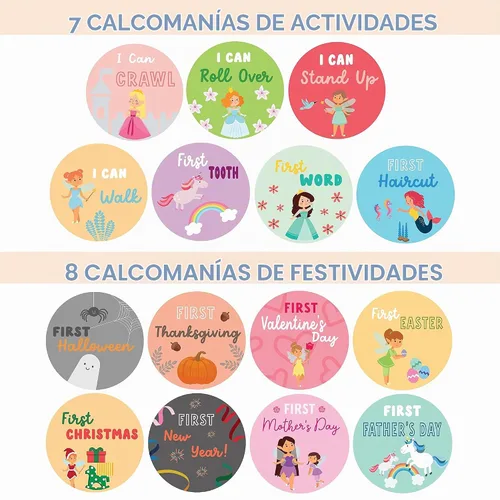 Vista 3 de RubyRoo Baby Calcomanías de hitos – Calcomanías mensuales para niña – Paquete de 28 – Incluye 12 hitos mensuales, 1er año y primeras vacaciones
