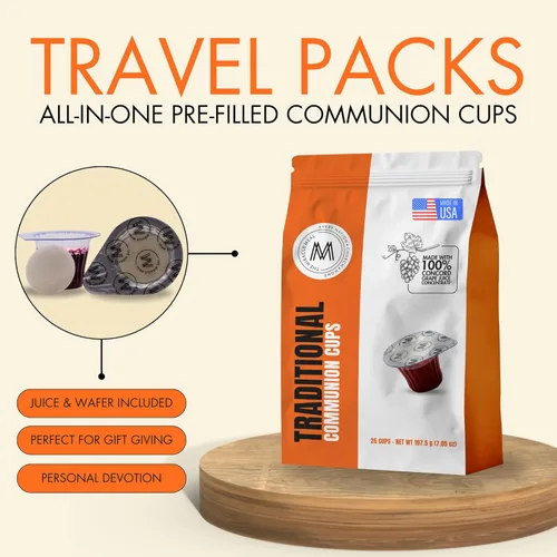 Vista 2 de The Miracle Meal - Paquete de viaje – Taza de comunión tradicional prellenada – Bolsa de 25 con oblea y 100% jugo de uva Concord