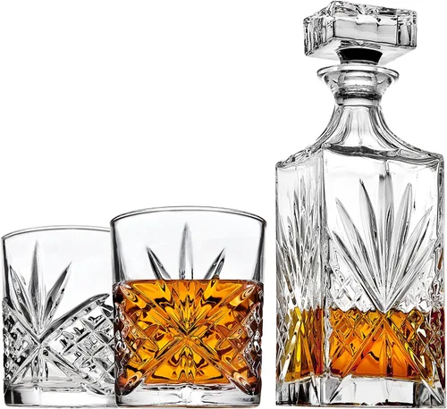 Juego de decantador de whisky Lefonte con 2 vasos estilo antiguo para licor, whisky escocés, bourbon o vino - corte irlandés