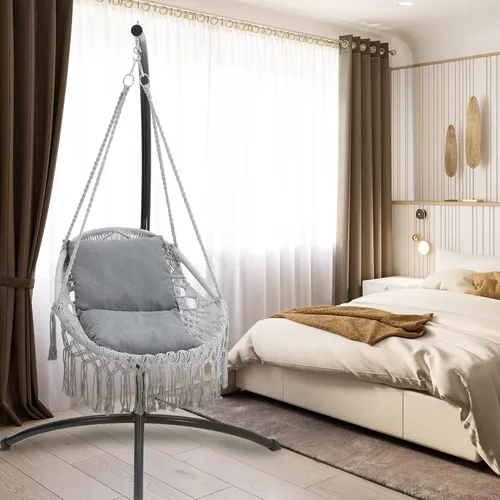 Vista 7 de Silla hamaca colgante con cuerda, silla colgante de máximo 330 libras, 2 cojines incluidos, silla columpio de macramé para dormitorio