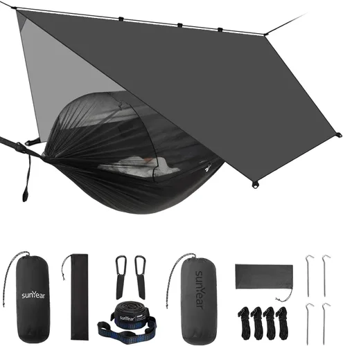 Vista 9 de Sunyear Hamaca de camping con red, hamaca doble y individual con red similar a la casa, fácil de instalar y empacar, ligera y portátil, perfecta