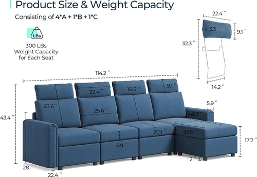 Vista 12 de LINSY HOME Sofá modular modular, sofás de respaldo alto mejorados con 4 reposacabezas, sofá cama en forma de U con asiento de almacenamiento