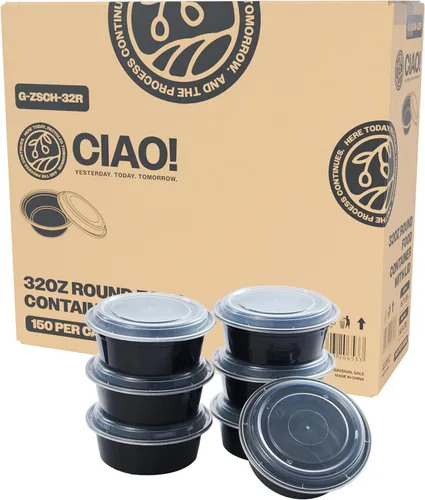 Vista 12 de CIAO! Contenedor de alimentos redondo negro moldeado por inyección de peso pesado de 24 oz con tapa (150/caja)
