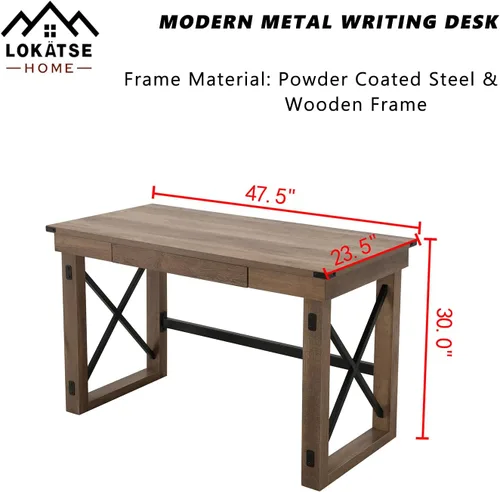 Vista 3 de LOKATSE HOME Mesa moderna para computadora para oficina en casa, escritorio de madera y metal con cajón, natural