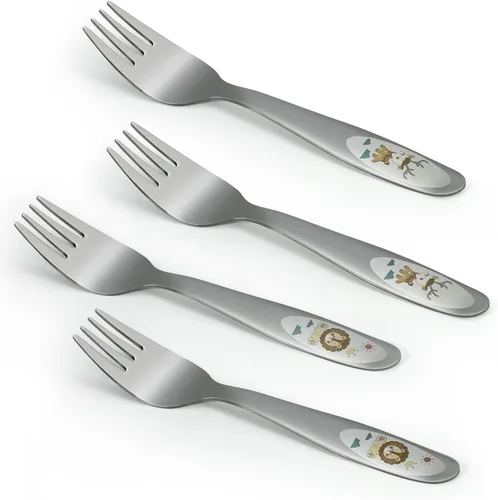 4 tenedores de acero inoxidable para niños pequeños, tenedores seguros para autoalimentarse, tenedores para bebés con diseño láser colorido, apto