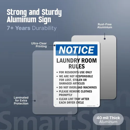 Vista 5 de SmartSign Reglas de lavandería "Uso residente, no responsable de daños, quitar rápidamente, limpiar pelusa", 14 x 10 pulgadas, aluminio laminado
