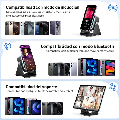 Vista 8 de Altavoz de inducción con soporte para teléfono 5 en 1 Audio inalámbrico de inducción Bluetooth para iPhone Android Altavoz con amplificador con luz