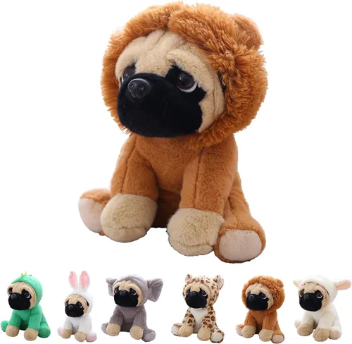 Lindo Animal de Peluche Perro Pug Disfrazado como León Marrón Juguetes de Peluche Suave Juguete Pug con Disfraz de León Excelentes Peluches Juguetes