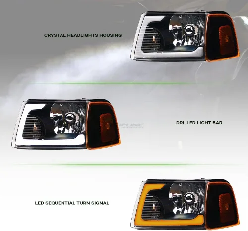 Vista 6 de 7422448582543 Compatible con 2001-2011 Ford Ranger Switchback Barra de tira LED secuencial de luces delanteras con carcasa negra y lámparas de señal