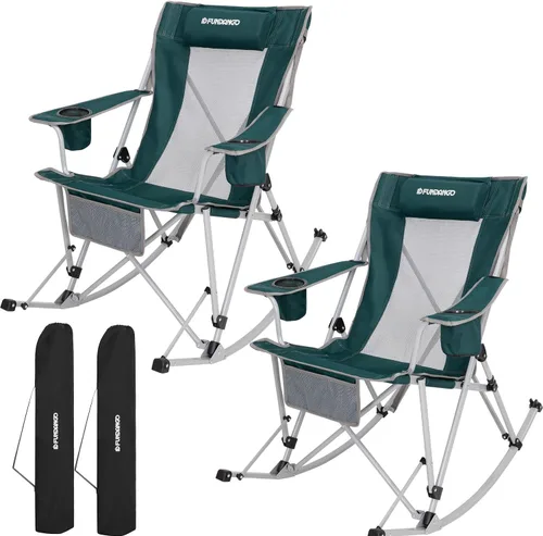 Vista 15 de FUNDANGO Silla mecedora para campamento, respaldo de malla alta, sillas de campamento plegables portátiles con almohadas, portavasos y bolsa